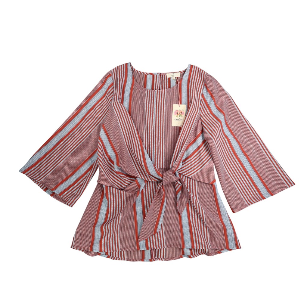 Entro Striped Front Tie Blouse Womens Size L Red Blue Bell Sleeve Top NEW